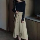 Off-shoulder Long-sleeve Top / Button-detail Midi A-line Skirt