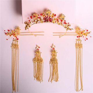Retro Wedding Set: Hairband + Hair Pin + Earring Set - Clip-on Edition - Gold & Red - One Size