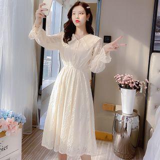 Collared Bell-sleeve Midi A-line Lace Dress