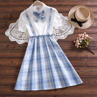 Mock Two-piece Plaid Midi A-line Dress With Bowtie
