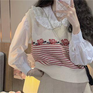 Ruffle Shirt / Flower Print Sweater Vest