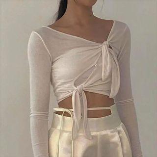 Long-sleeve Tie Front T-shirt