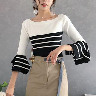 Off-shoulder Stripe Long-sleeve Knit Sweater