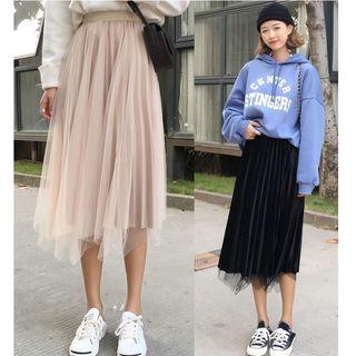 Reversible Midi Mesh Accordion Pleat Velvet Skirt