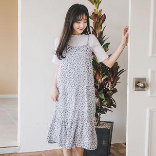 Spaghetti-strap Floral Shirred Chiffon Dress