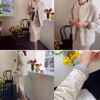 Round-neck Gathered-waist Quilted Jacket Ivory - One Size