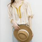 Elbow-sleeve Embroidered Blouse Yellow & Off-white - One Size