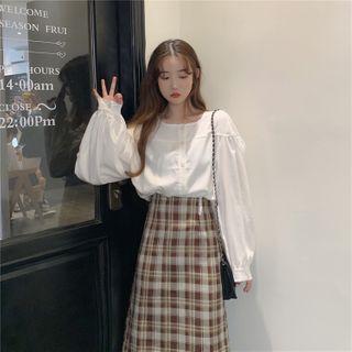 Puff-sleeve Blouse / Plaid Midi Skirt