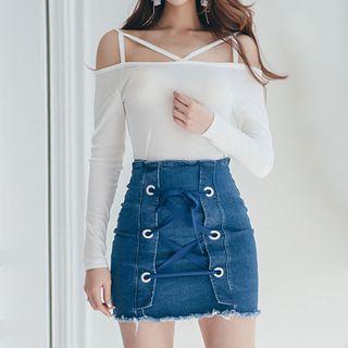 Set: Knit Top + Tie-up Denim Skirt