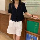 Short-sleeve Heart Button Crop Shirt