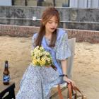 Elbow-sleeve Floral Print Tie-front Midi A-line Dress