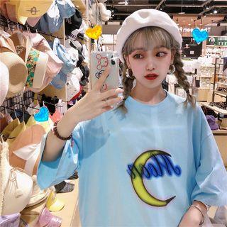 Moon Print Elbow-sleeve T-shirt Blue - One Size