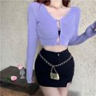 Long-sleeve Button-up Cropped Knit Top Light Purple - One Size