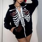 Long Sleeve Skull & Butterfly Print Loose-fit Zip-up Hooded Jacket