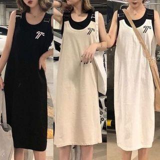 Set: Plain Tank Top + Printed Midi Pinafore Dress