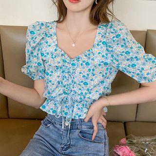 Puff-sleeve V-neck Drawstring Floral Top