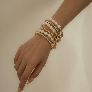 Set Of 6: Bracelet + Faux Pearl Bracelet 1878 - Gold - One Size