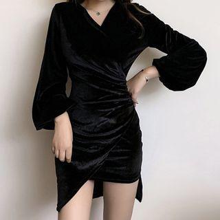 Velvet V-neck Asymmetric Hem Mini Bodycon Dress