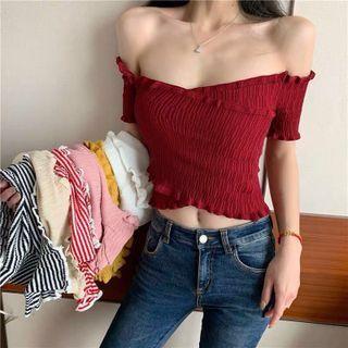 Off-shoulder Shirred Frill Trim Cropped Knit Top