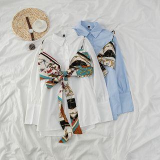 Set: Long-sleeve Button-down Plain Shirt + Bow-accent Printed Cropped Top