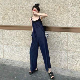 Plain Sleeveless Jumpsuit Navy Blue - One Size