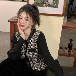 Round Neck Argyle Cardigan Black - One Size