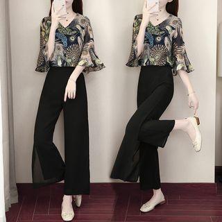 Set: V-neck Peacock Print 3/4-sleeve Top + High Waist Wide-leg Pants