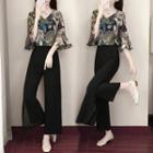 Set: V-neck Peacock Print 3/4-sleeve Top + High Waist Wide-leg Pants
