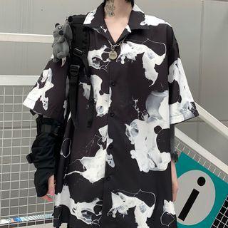 Short-sleeve Print Button-up Shirt Black - One Size