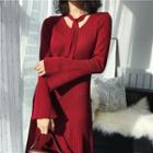 Plain Bell-sleeve Knit Midi Dress