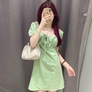 Puff-sleeve Tie-strap Jacquard Mini A-line Dress
