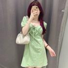 Puff-sleeve Tie-strap Jacquard Mini A-line Dress