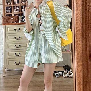 Set: Long-sleeve Striped Shirt + Loose Fit Shorts