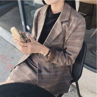 Single-breasted Plaid Blazer / Plaid Mini A-line Skirt / Set
