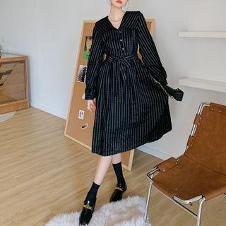 Long-sleeve V-neck Striped A-line Dress