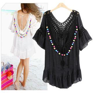 Bobble Detail Elbow-sleeve Sundress