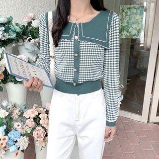 Sailor-collar Check Button-up Cardigan