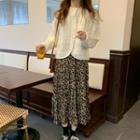 Cable Knit Cardigan / Leopard Print Midi A-line Skirt