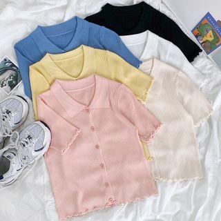Short-sleeve Frill Trim Collared Button-up Knit Top