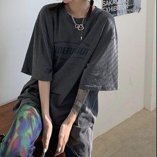 Elbow-sleeve Lettering T-shirt / Tie Dye Wide-leg Pants