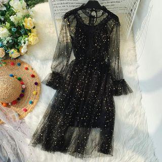 Set: Long-sleeve Sequined Midi Mesh Dress + Slipdress