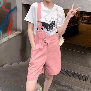 Short-sleeve Printed T-shirt / One-shoulder Plain Jumper Shorts