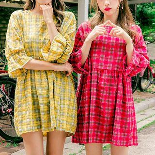 Cutaway-shoulder Elbow-sleeve Plaid A-line Minidress