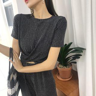 Set: Short-sleeve Ribbed Top + Wide Leg Pants