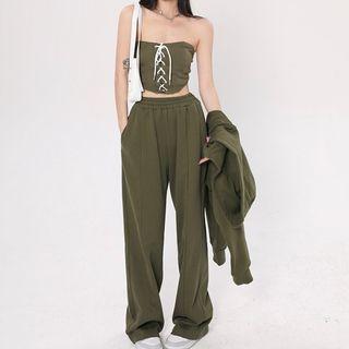 Lace-up Tube Top / Wide Leg Pants / Zip Hoodie