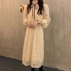 Long-sleeve Tie-neck Lace Midi A-line Dress Almond - One Size