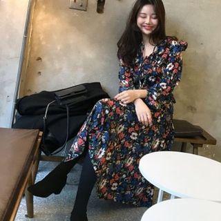 Long Sleeve Floral Print Midi Dress
