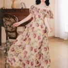 Off-shoulder Floral Print Midi A-line Chiffon Dress