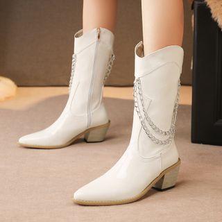 Chain Strap Pointy-toe Chunky-heel Mid-calf Boots