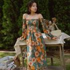 Long-sleeve Off-shoulder Floral Midi A-line Dress Floral - White & Blue - One Size